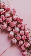 dry pink rose flowers on pink background floral composition flat lay top view copy space