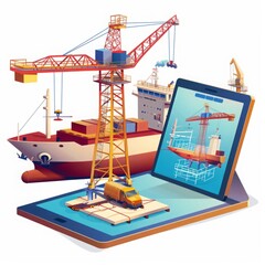 Nautical Blueprint: Cartoon-Style Tablet Lying with Shipbuilding Diagram and Crane Constructor.