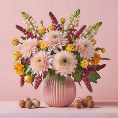 Obraz premium Composition with chrysanthemums acorns and berries on pink background