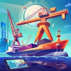 Nautical Blueprint: Cartoon-Style Tablet Lying with Shipbuilding Diagram and Crane Constructor.