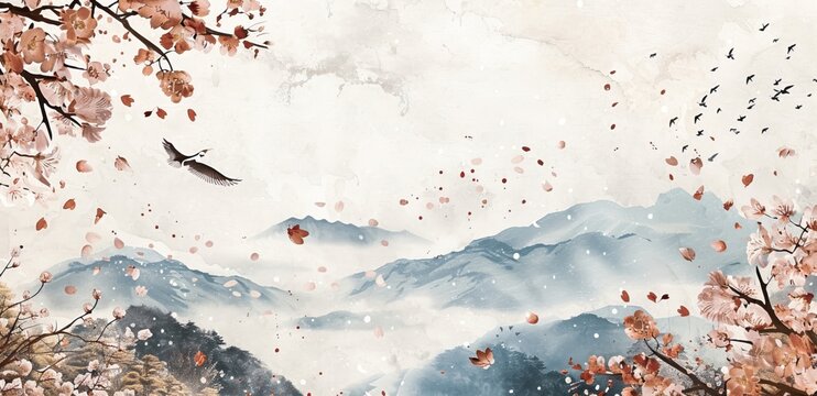 A serene landscape painting, a majestic crane soars across a misty sky, while delicate pink petals fall from blossoming branches, framing a tranquil mountain vista.