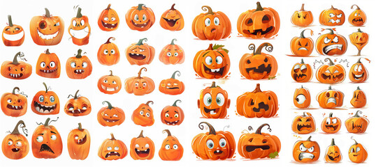 Character sheet of whimsical cute illustrated pumpkin emojis isolated on white.
