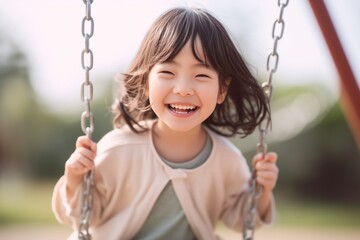 Lovely little girl playing on a swing set in playground