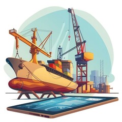 Nautical Blueprint: Cartoon-Style Tablet Lying with Shipbuilding Diagram and Crane Constructor.