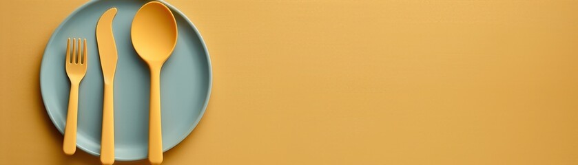 Eco-friendly bamboo cutlery set on ceramic plate with minimalistic yellow background. Sustainable kitchen utensils for modern dining.