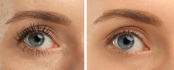 Collage with photos of woman before and after applying mascara, closeup