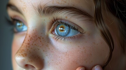 Fototapeta premium Close Up Of A Young Girl's Face With Freckles And Blue Eyes