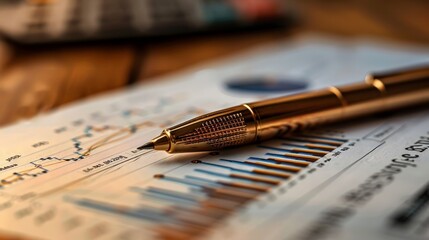 Close-up of a pen resting on financial charts and graphs, representing business analysis, market research, and financial planning concepts.