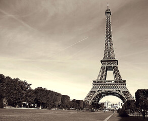 France. Eiffel Tower in Paris in sepia style, sepia effect.
