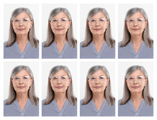 Portrait of mature woman on white background, set. Passport photo