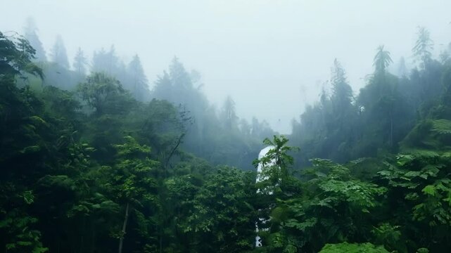 A drone zooms through a misty rainforest during a tropical ra capturing the serene beauty of nature in motion.