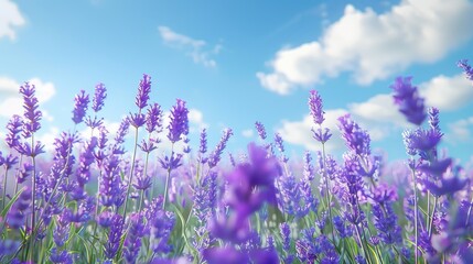 A field of blooming lavender under a bright blue sky, providing a vibrant floral background.