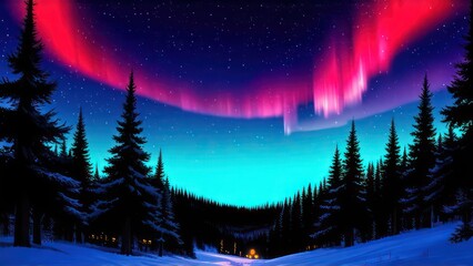 Naklejka premium Red Northern lights in the sky above the forest