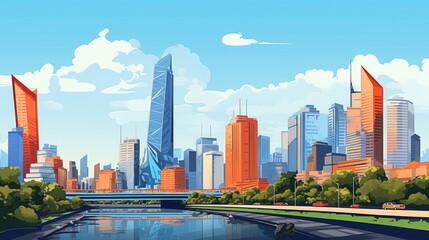 Fototapeta premium Modern City Skyline with River and Green Space.