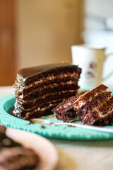 Piece of delicious homemade cake with chocolate. vertical
