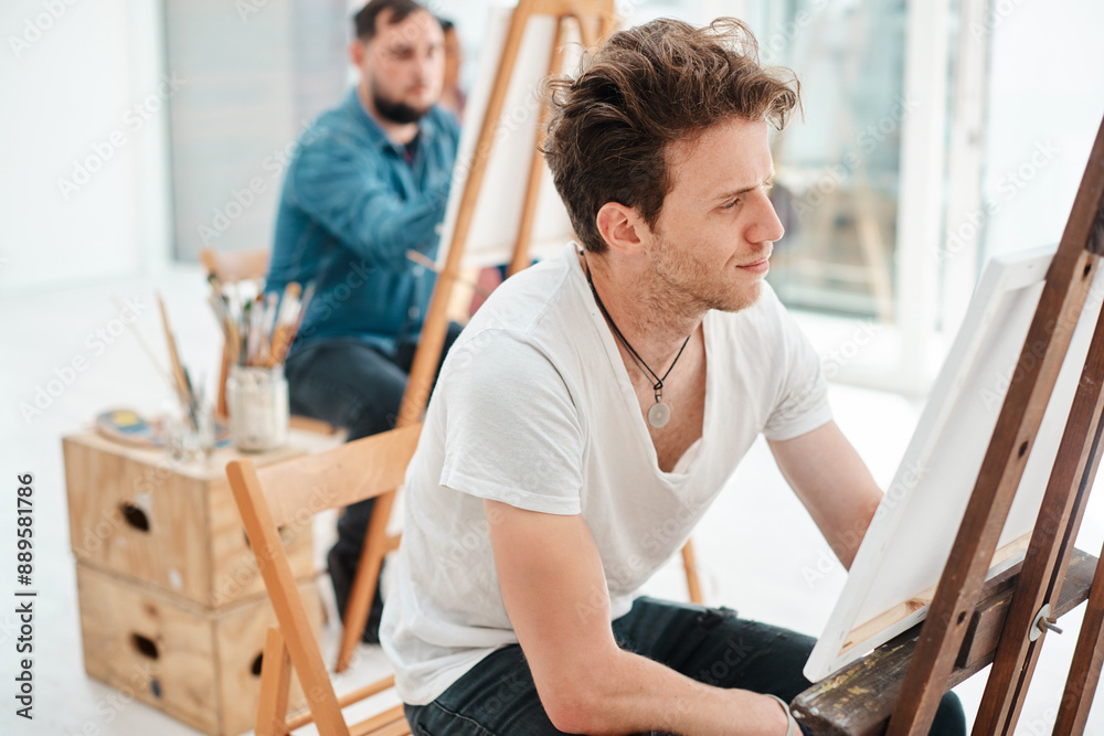 Poster student, man and painting in art class with canvas for university project, inspiration or education.