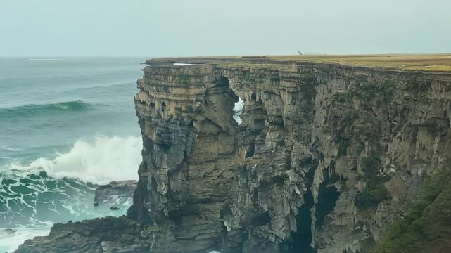 Timelapse footage of a oncestable cliff face slowly deteriorating and breaking away into the sea.