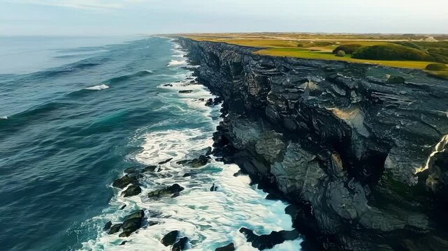 Drone footage of a stretch of coastline with noticeable erosion patterns highlighting the contrast between eroded and untouched areas.