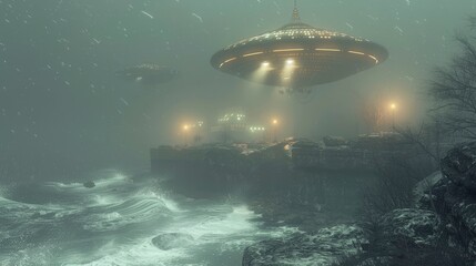 Obraz premium A UFO hovering above a coastal cliff, with the ocean waves crashing below and the lights of the spacecraft reflecting on the water.