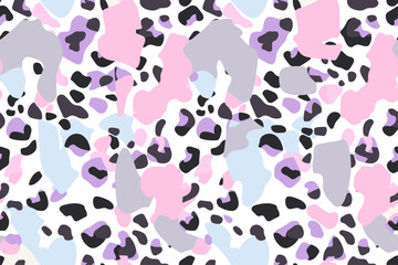  Pastel color animal print abstract pattern. Trendy light pink blue gray palette leopard fur strokes seamless fashion fabric vector illustration