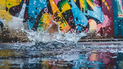 Obraz premium colorful water splash on an urban street, using graffiti and murals as a background generative ai