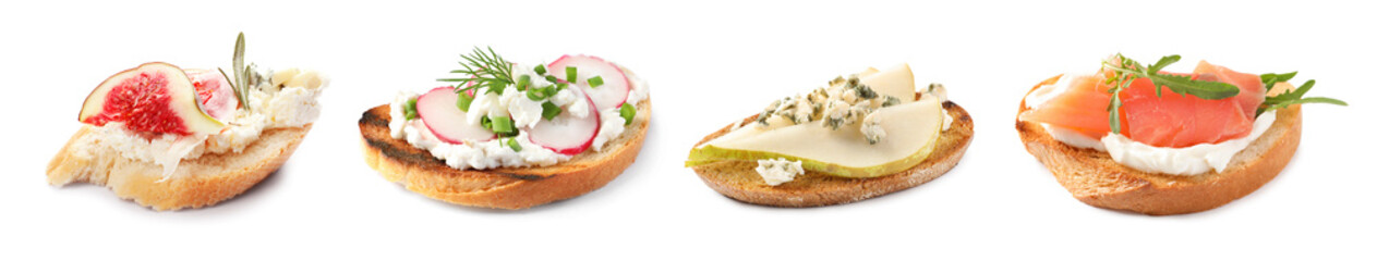 Set of different canapes isolated on white