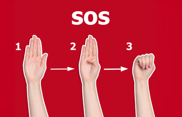 Signal for help. Woman showing sequence of gesture on red background, collage