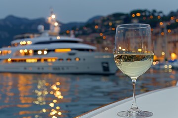 Luxury Yacht Moored at Sunset with a Glass of Wine Capturing a Lavish and Relaxing Maritime Experience