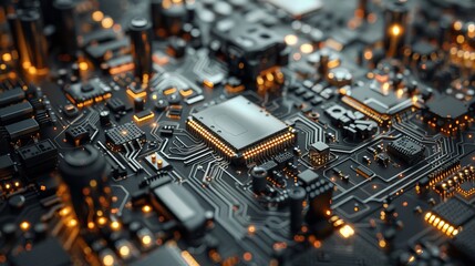 Obraz premium Black and orange circuit board with glowing electronic components