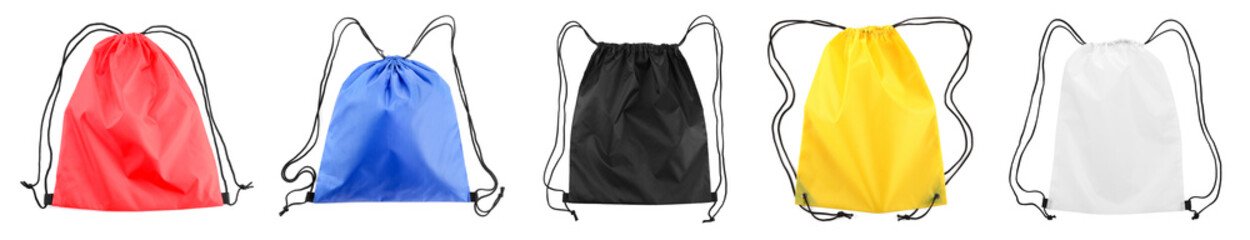 Many drawstring bags of different colors isolated on white, set