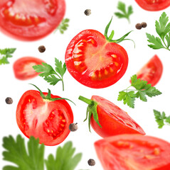 Naklejka premium Cut tomatoes, parsley and allspice in air on white background