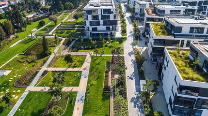 Aerial View of Modern Apartment Complex With Lush Green Landscape