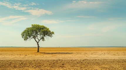 Fototapeta premium A lone tree standing in a desolate, drought-stricken field, symbolizing deforestation and climate change