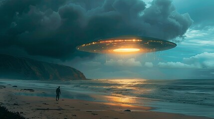 An alien spacecraft hovering above a remote island, its lights casting long shadows on the beach and creating a sense of mystery and isolation.