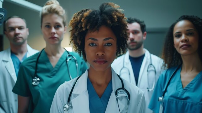 Un team diversificato di operatori sanitari uniti nell&rsquo;obiettivo comune in un ambiente ospedaliero.
