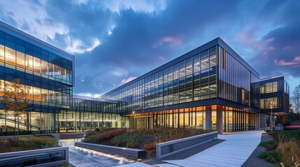 Obraz premium Modern Office Building Exterior at Dusk With Landscaped Courtyard