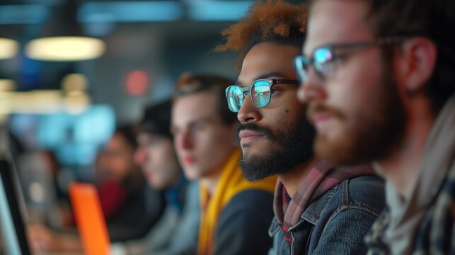 Un ragazzo di colore programmatore di software in primo piano, con il team di sviluppo sfocato dietro.