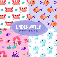 Collection of funny cartoon seamless patterns with mermaid, crab, jellyfish, fish, shell. Underwater tiles for childish prints, wrapping paper, birthday designs. Sea and ocean life vector backgrounds.