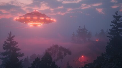 A UFO hovering above a misty mountain range at twilight, its lights blending with the fading daylight and creating a dramatic and surreal scene.