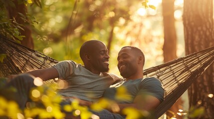 Interracial Gay Couple Relaxing on Hammock Outdoors