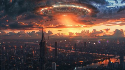 A UFO hovering above a dense urban area at dusk, its lights blending with the fading daylight and creating a dramatic and surreal scene.