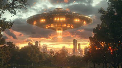A UFO hovering above a city park at twilight, its lights blending with the fading daylight and creating a dramatic and surreal scene.