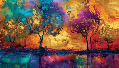 Ultra sharp oil painting landscape with abstract colorful gold trees, capturing essence