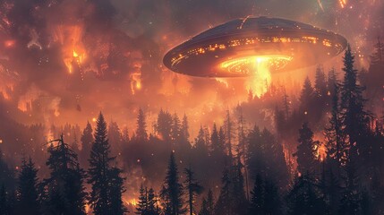An alien spacecraft hovering above a dense forest at dawn, its lights piercing through the trees and creating an eerie and mysterious atmosphere.