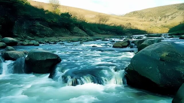 Crystal clear water rushing over smooth boulders creating a peaceful soundtrack amidst the rugged landscape.