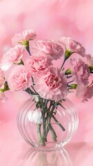 Beautiful pink carnation flowers in a vase on a pink pastel background