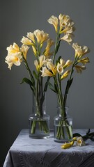 Beautiful blooming freesias in glass vases on table against grey background