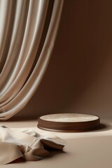 Ultra sharp 3D display podium with wooden frame pedestal flowing silk curtain on brown background