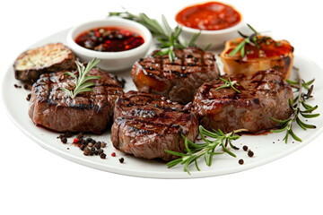 Close-up of various grilled beef steaks on a plate, garnished with rosemary and pepper sauce, separated on a white background