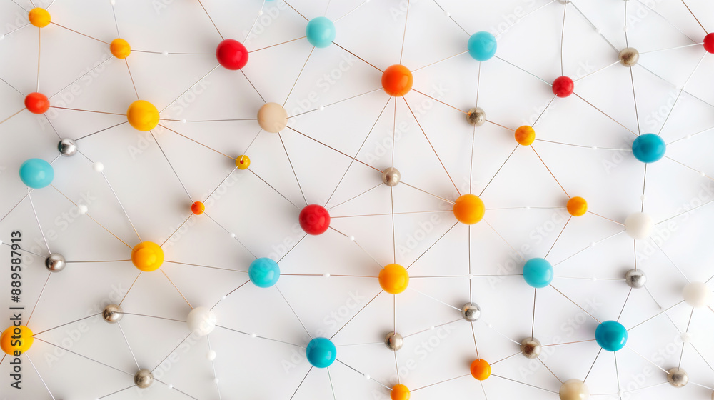 Wall mural 3d social networking colorful nodes background, interconnected by lines to form a grid structure, in